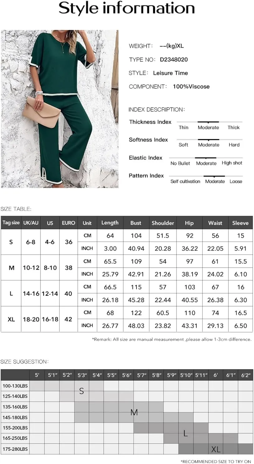 Women Two-Piece Leisure Suit Short Sleeve Ribbed Knitted Jumper Long Trousers Lounge Set Crew Neck Leisure Outfit