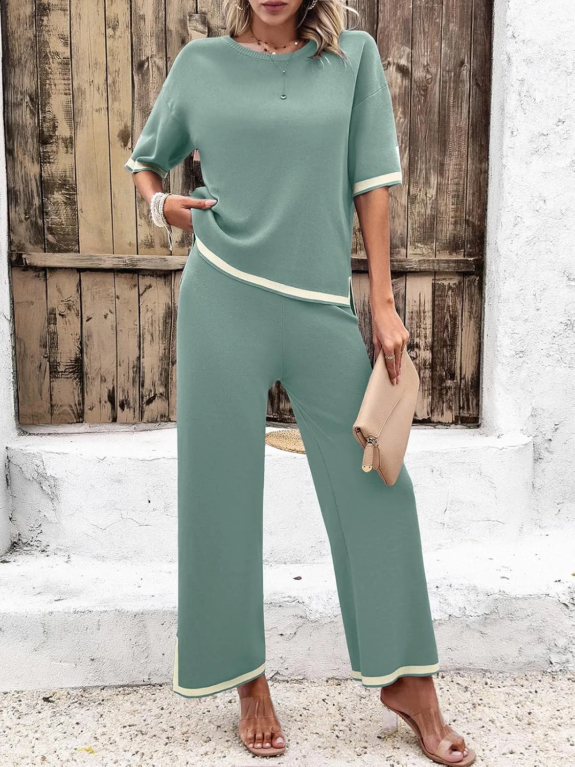 Women Two-Piece Leisure Suit Short Sleeve Ribbed Knitted Jumper Long Trousers Lounge Set Crew Neck Leisure Outfit