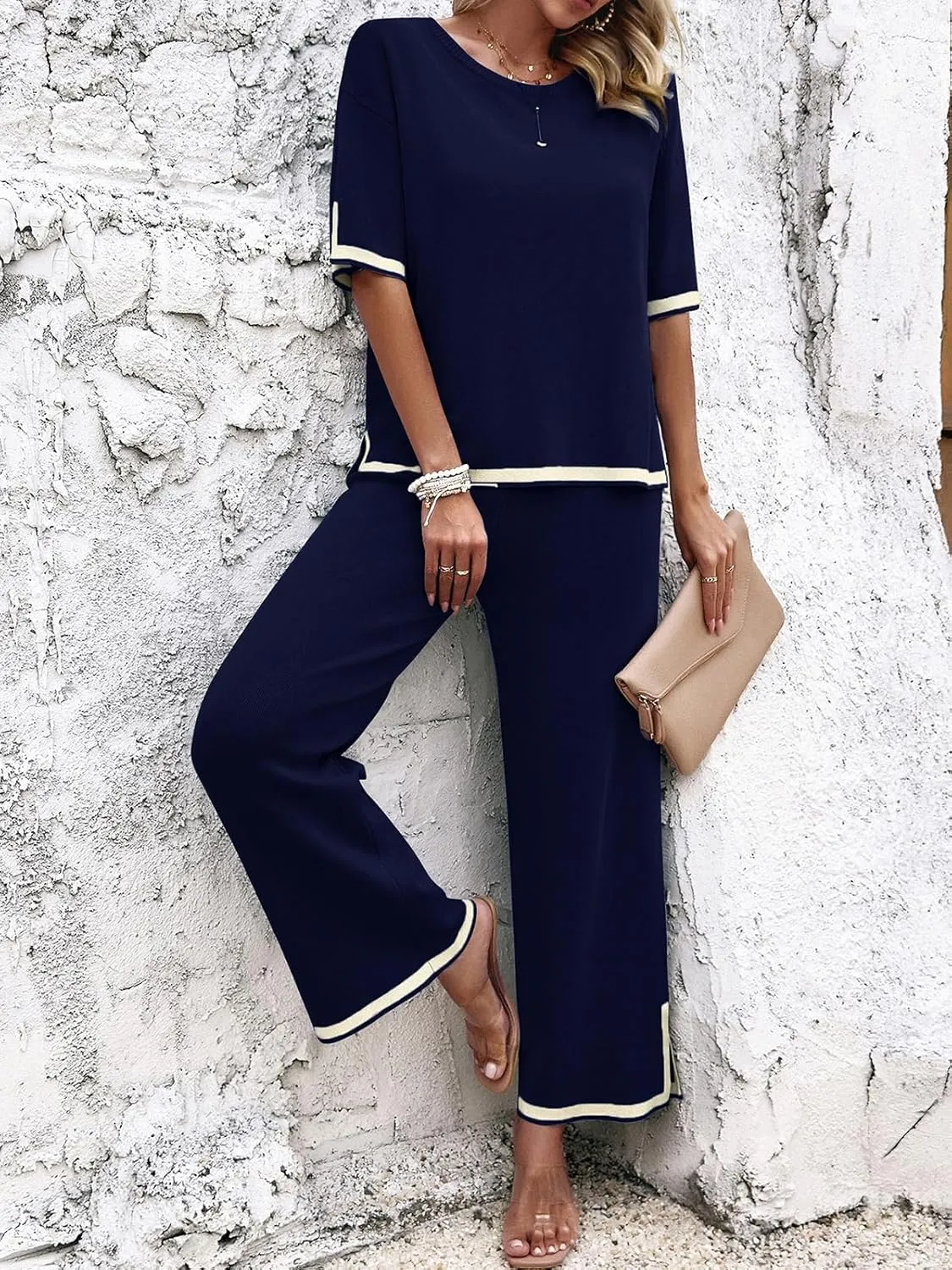 Women Two-Piece Leisure Suit Short Sleeve Ribbed Knitted Jumper Long Trousers Lounge Set Crew Neck Leisure Outfit
