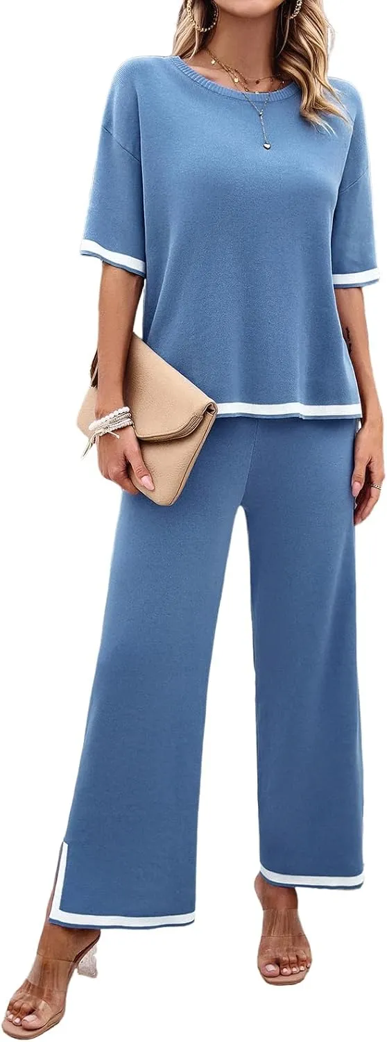 Women Two-Piece Leisure Suit Short Sleeve Ribbed Knitted Jumper Long Trousers Lounge Set Crew Neck Leisure Outfit