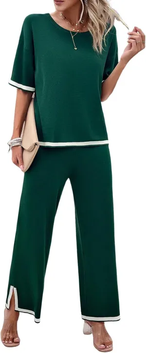 Women Two-Piece Leisure Suit Short Sleeve Ribbed Knitted Jumper Long Trousers Lounge Set Crew Neck Leisure Outfit