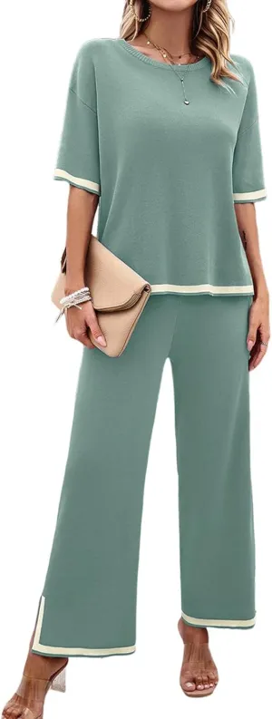 Women Two-Piece Leisure Suit Short Sleeve Ribbed Knitted Jumper Long Trousers Lounge Set Crew Neck Leisure Outfit