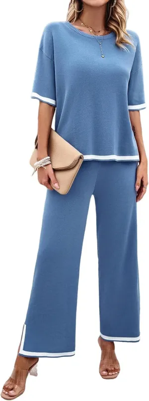 Women Two-Piece Leisure Suit Short Sleeve Ribbed Knitted Jumper Long Trousers Lounge Set Crew Neck Leisure Outfit