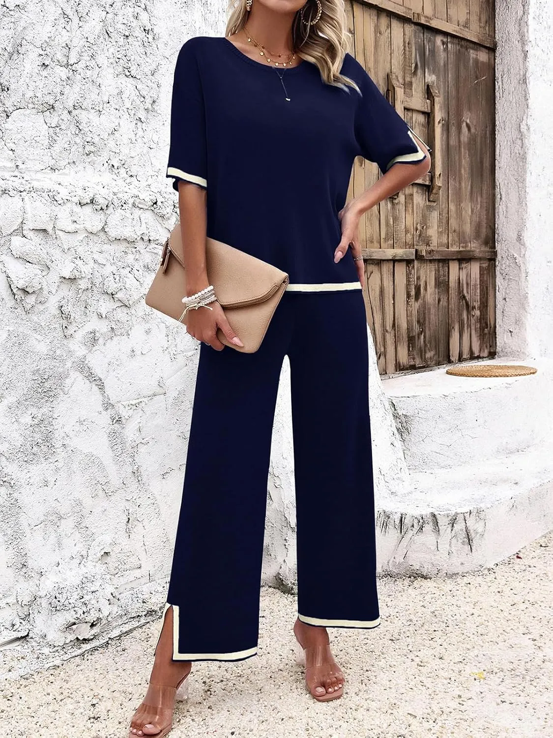 Women Two-Piece Leisure Suit Short Sleeve Ribbed Knitted Jumper Long Trousers Lounge Set Crew Neck Leisure Outfit