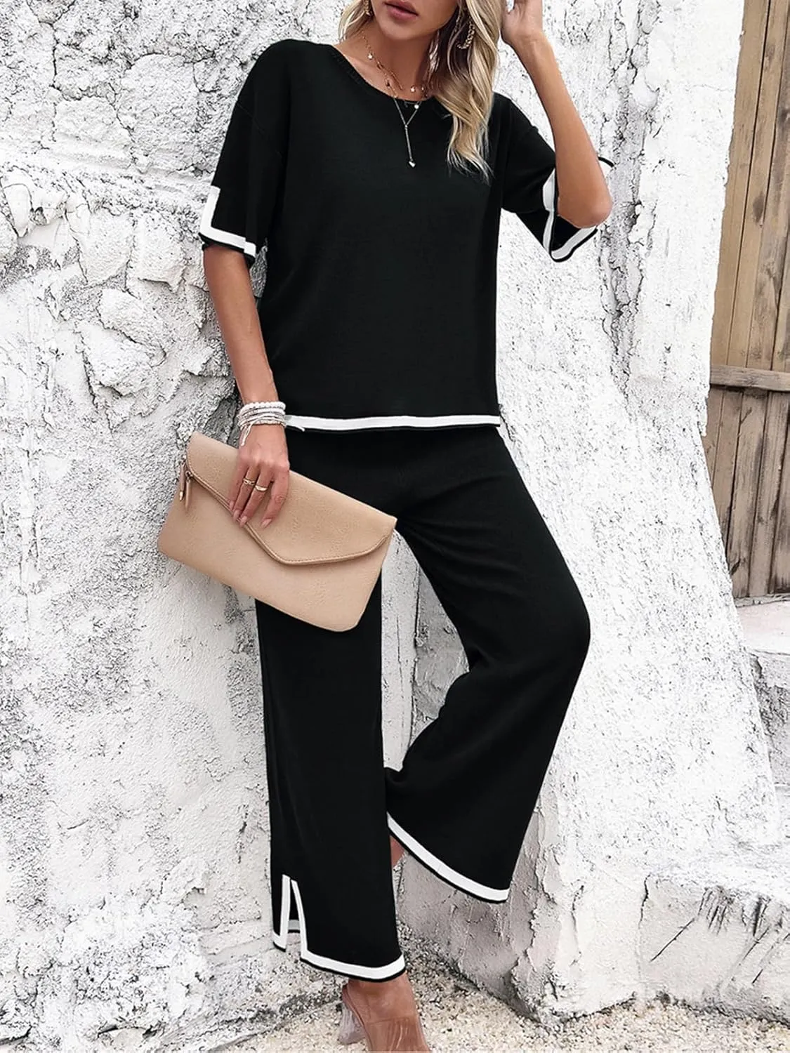 Women Two-Piece Leisure Suit Short Sleeve Ribbed Knitted Jumper Long Trousers Lounge Set Crew Neck Leisure Outfit