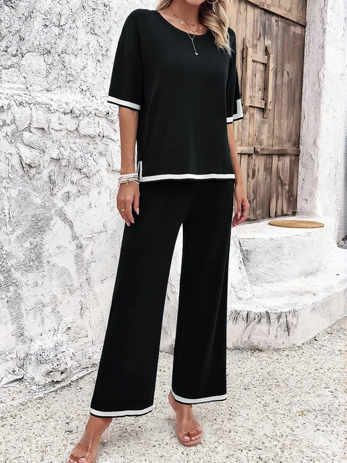 Women Two-Piece Leisure Suit Short Sleeve Ribbed Knitted Jumper Long Trousers Lounge Set Crew Neck Leisure Outfit