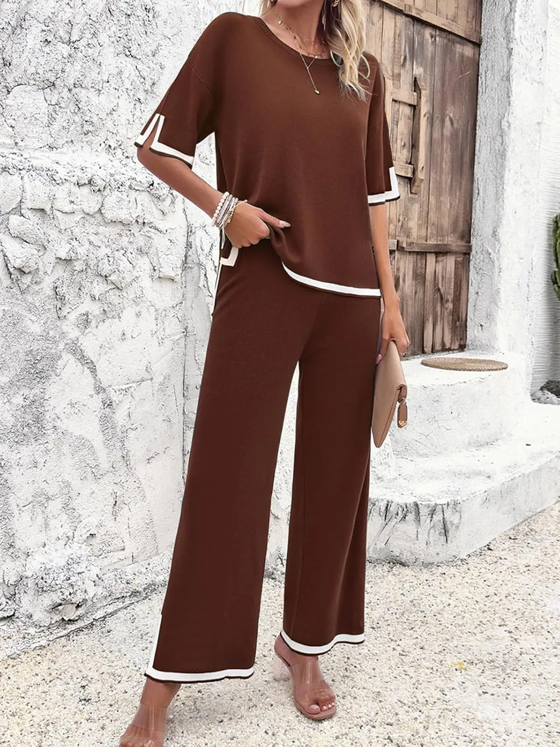 Women Two-Piece Leisure Suit Short Sleeve Ribbed Knitted Jumper Long Trousers Lounge Set Crew Neck Leisure Outfit