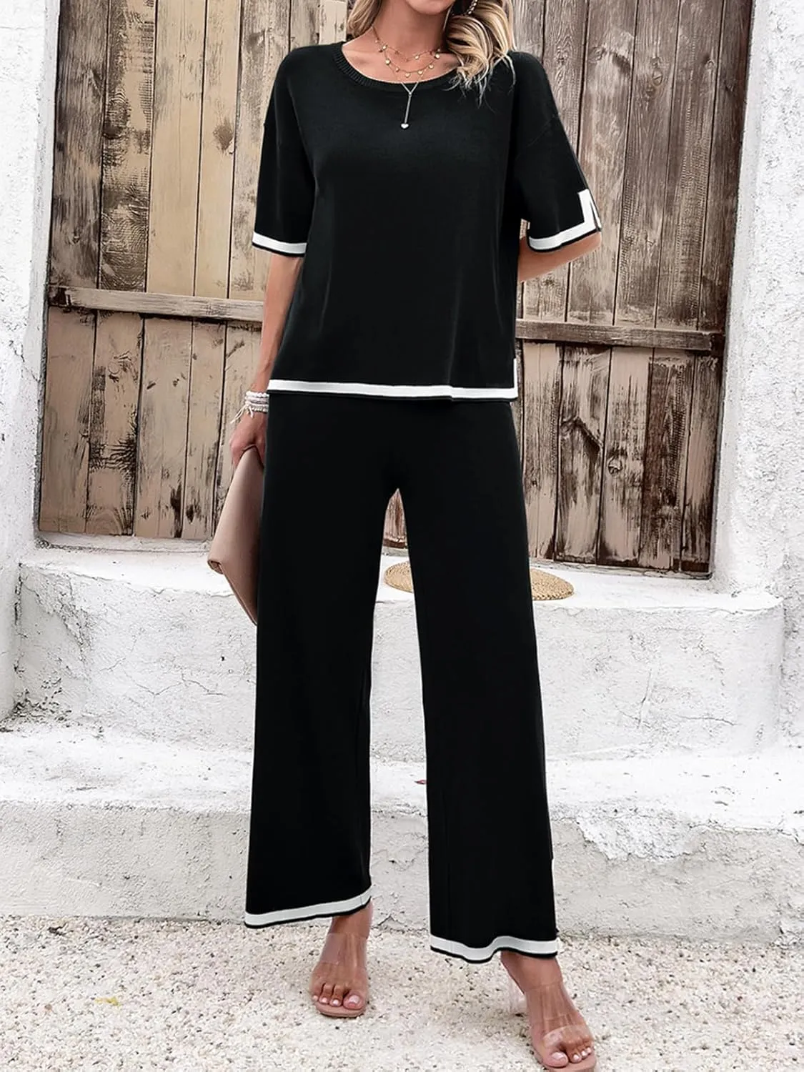 Women Two-Piece Leisure Suit Short Sleeve Ribbed Knitted Jumper Long Trousers Lounge Set Crew Neck Leisure Outfit