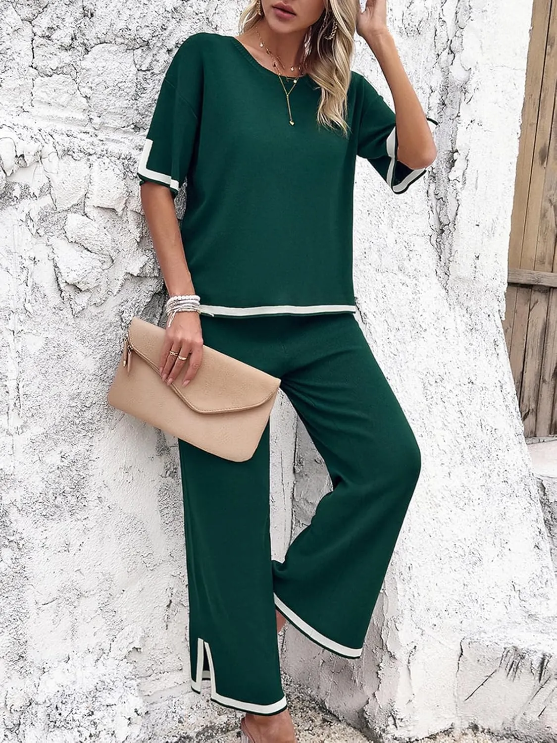 Women Two-Piece Leisure Suit Short Sleeve Ribbed Knitted Jumper Long Trousers Lounge Set Crew Neck Leisure Outfit