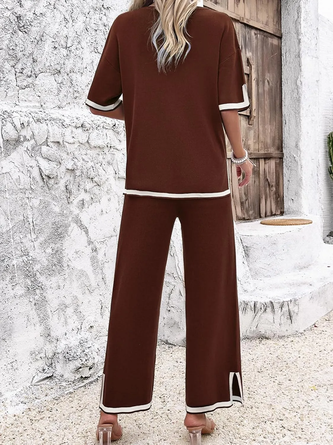 Women Two-Piece Leisure Suit Short Sleeve Ribbed Knitted Jumper Long Trousers Lounge Set Crew Neck Leisure Outfit