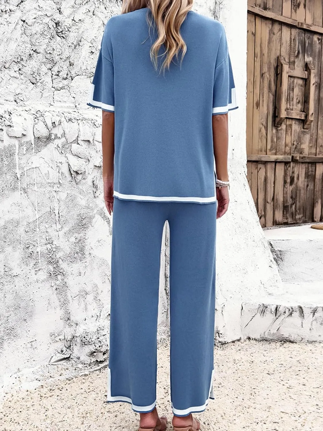 Women Two-Piece Leisure Suit Short Sleeve Ribbed Knitted Jumper Long Trousers Lounge Set Crew Neck Leisure Outfit