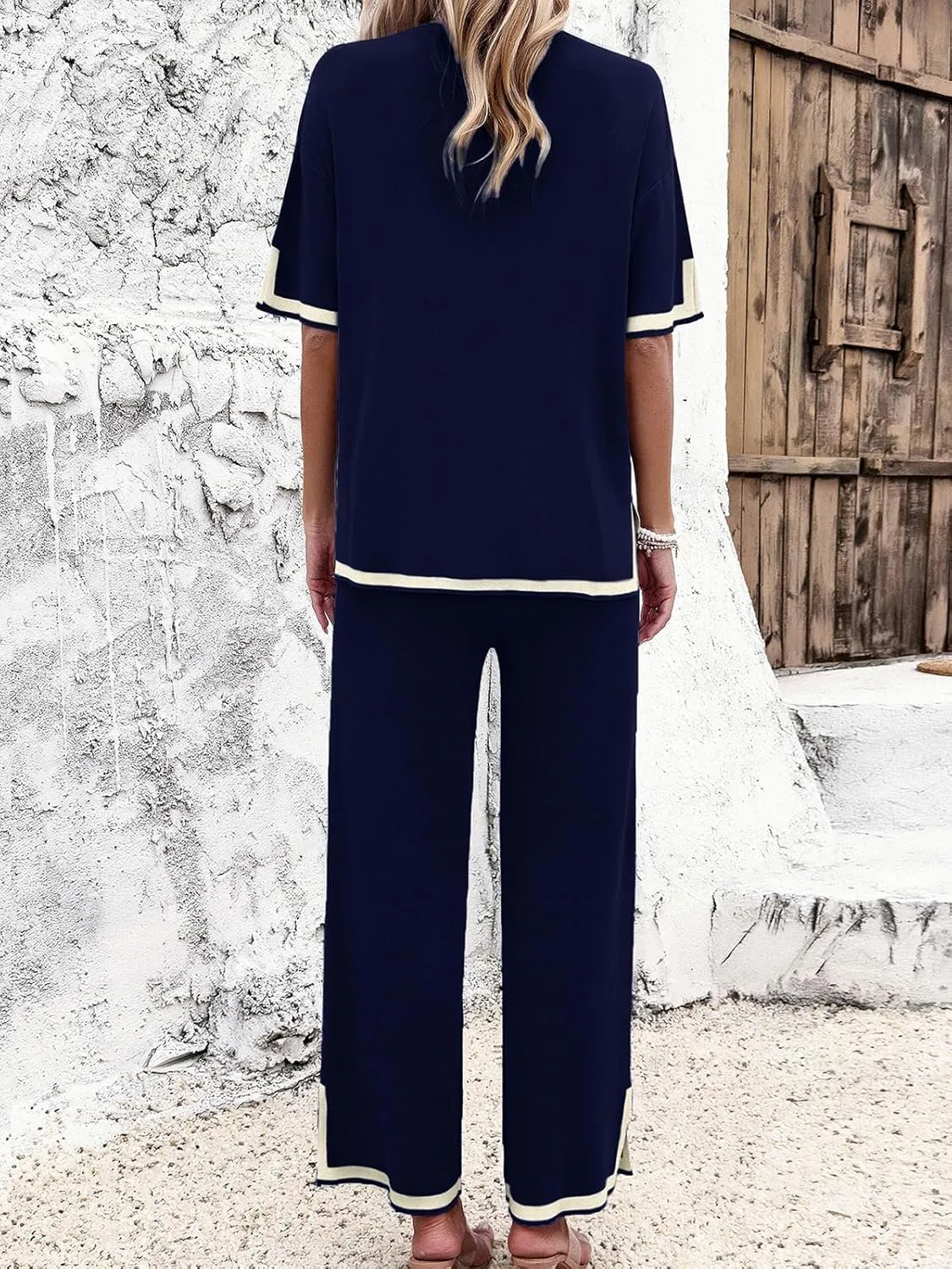 Women Two-Piece Leisure Suit Short Sleeve Ribbed Knitted Jumper Long Trousers Lounge Set Crew Neck Leisure Outfit