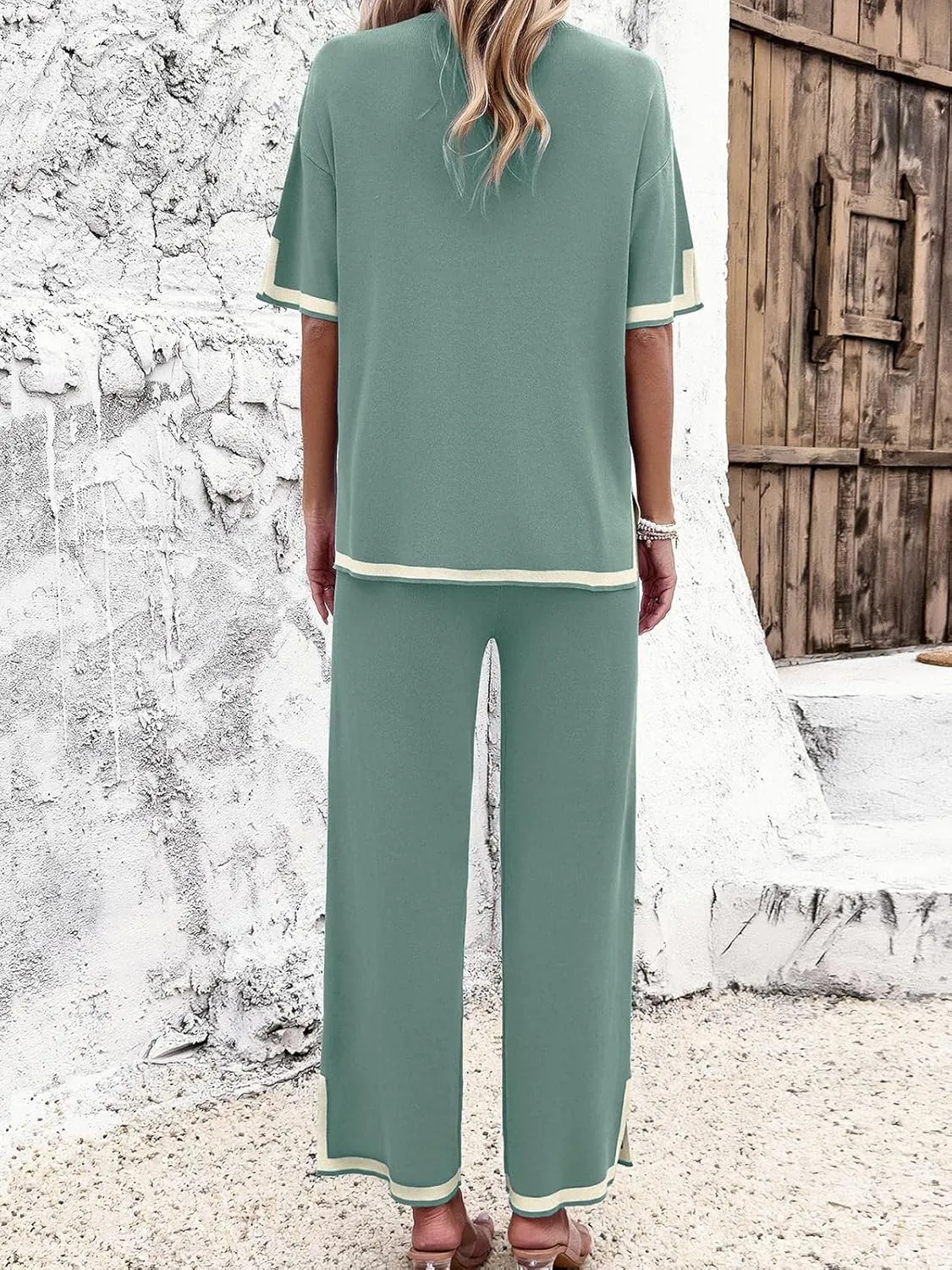 Women Two-Piece Leisure Suit Short Sleeve Ribbed Knitted Jumper Long Trousers Lounge Set Crew Neck Leisure Outfit