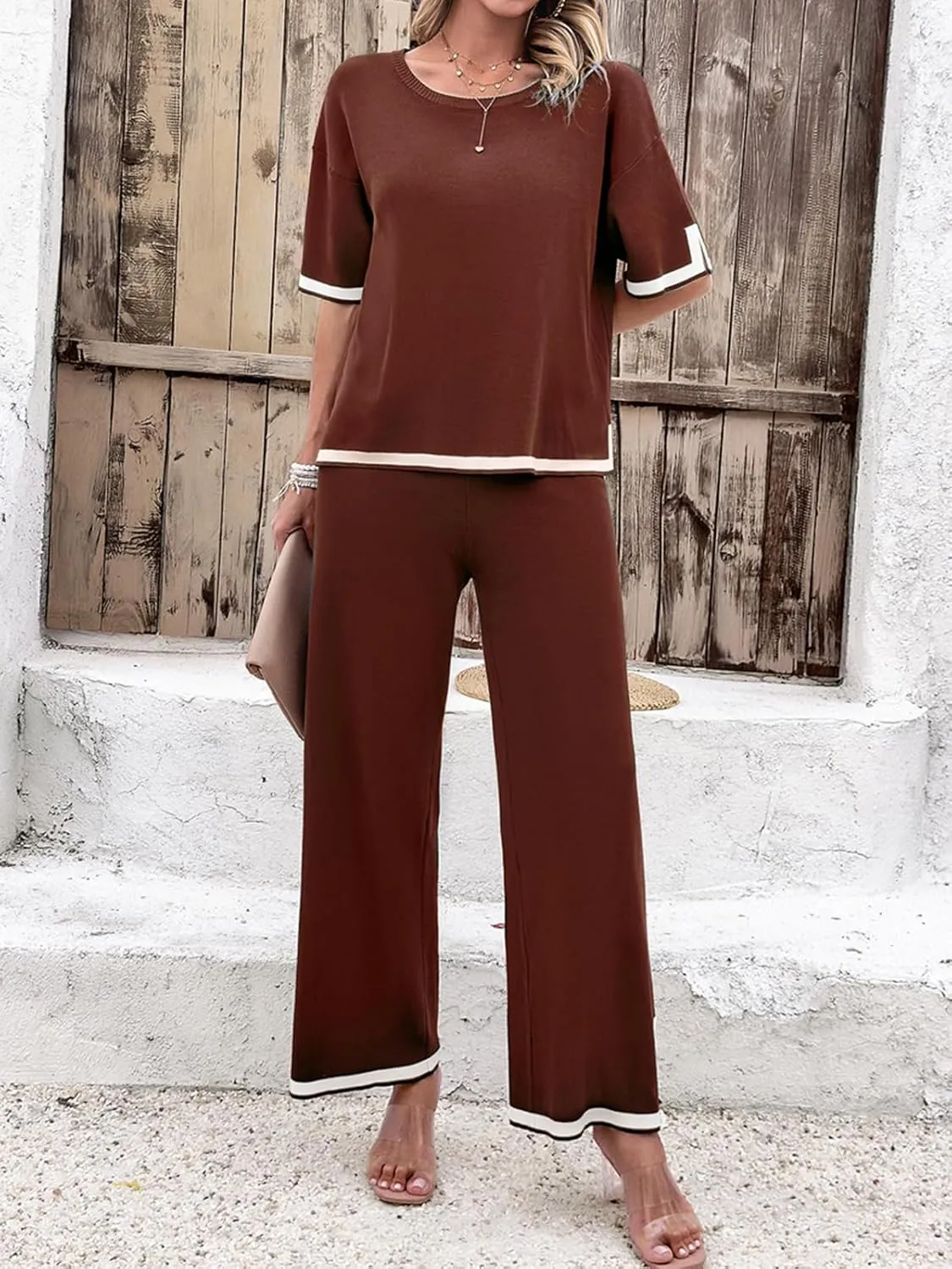 Women Two-Piece Leisure Suit Short Sleeve Ribbed Knitted Jumper Long Trousers Lounge Set Crew Neck Leisure Outfit
