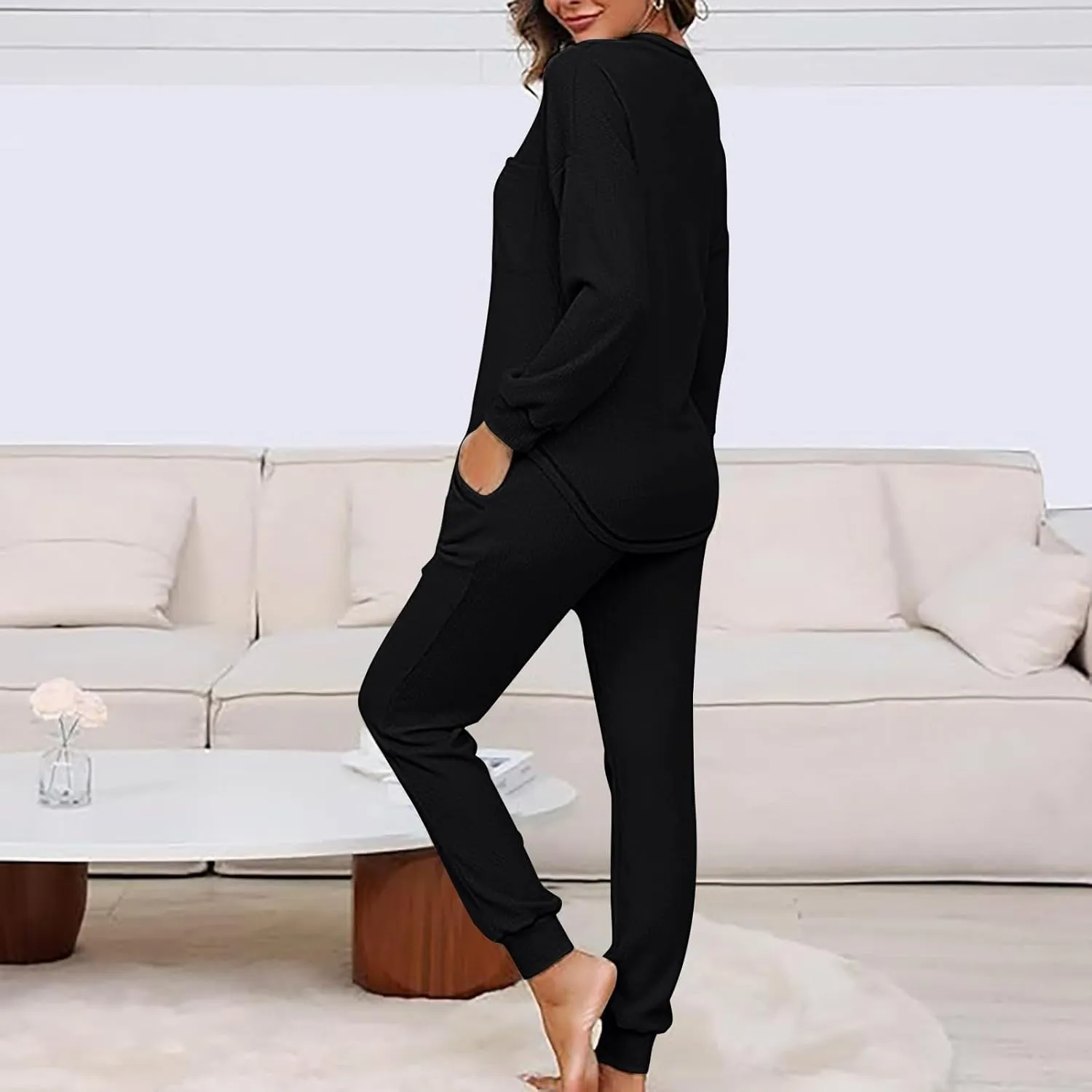 Women Waffle Knit Pajamas Set Loungewear Long Sleeve Sweatshirt Sleepwear Drawstring Nightwear Pants V-Neck Nightgown