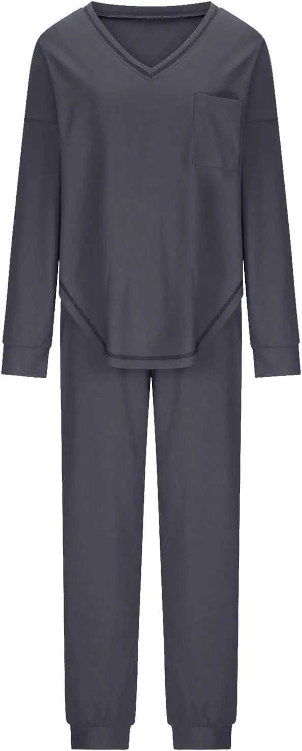 Women Waffle Knit Pajamas Set Loungewear Long Sleeve Sweatshirt Sleepwear Drawstring Nightwear Pants V-Neck Nightgown