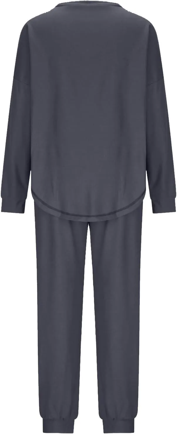 Women Waffle Knit Pajamas Set Loungewear Long Sleeve Sweatshirt Sleepwear Drawstring Nightwear Pants V-Neck Nightgown