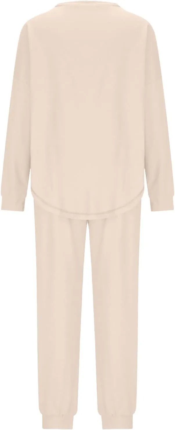 Women Waffle Knit Pajamas Set Loungewear Long Sleeve Sweatshirt Sleepwear Drawstring Nightwear Pants V-Neck Nightgown