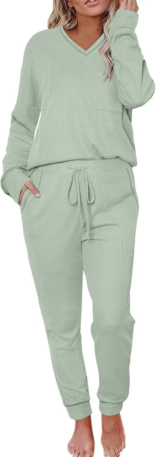 Women Waffle Knit Pajamas Set Loungewear Long Sleeve Sweatshirt Sleepwear Drawstring Nightwear Pants V-Neck Nightgown