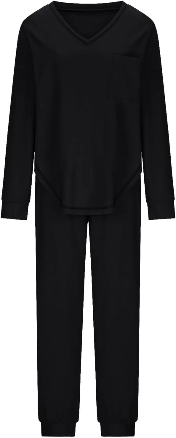 Women Waffle Knit Pajamas Set Loungewear Long Sleeve Sweatshirt Sleepwear Drawstring Nightwear Pants V-Neck Nightgown