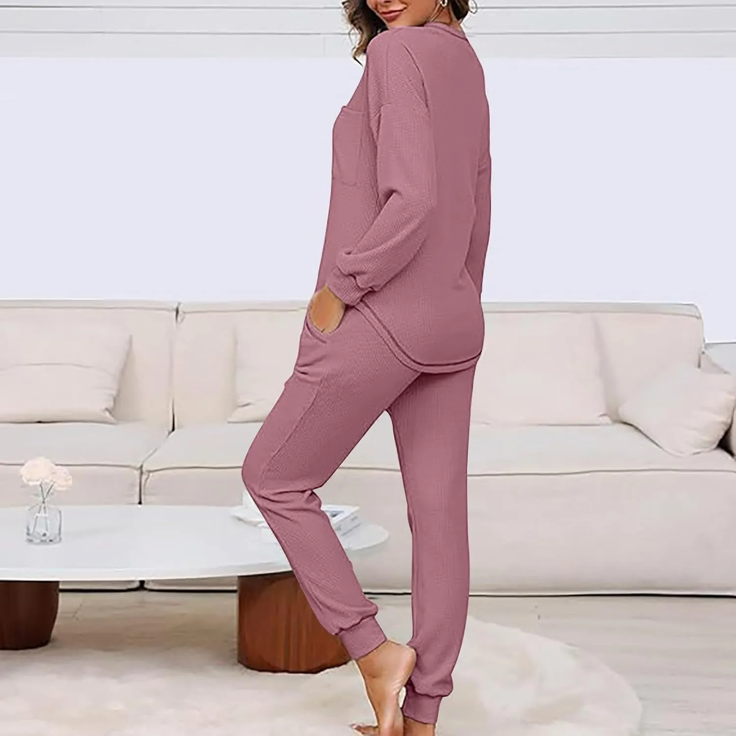 Women Waffle Knit Pajamas Set Loungewear Long Sleeve Sweatshirt Sleepwear Drawstring Nightwear Pants V-Neck Nightgown