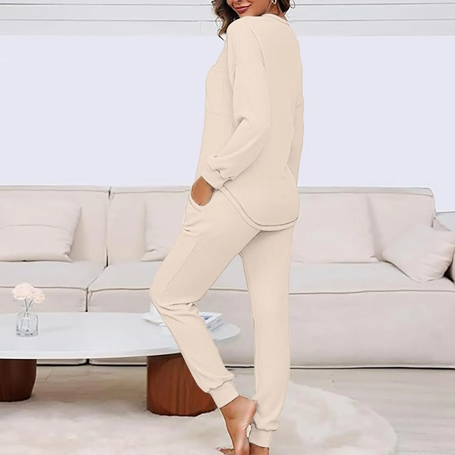 Women Waffle Knit Pajamas Set Loungewear Long Sleeve Sweatshirt Sleepwear Drawstring Nightwear Pants V-Neck Nightgown