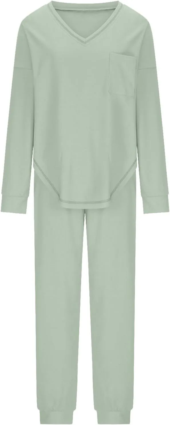 Women Waffle Knit Pajamas Set Loungewear Long Sleeve Sweatshirt Sleepwear Drawstring Nightwear Pants V-Neck Nightgown