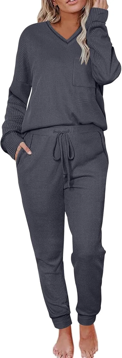 Women Waffle Knit Pajamas Set Loungewear Long Sleeve Sweatshirt Sleepwear Drawstring Nightwear Pants V-Neck Nightgown