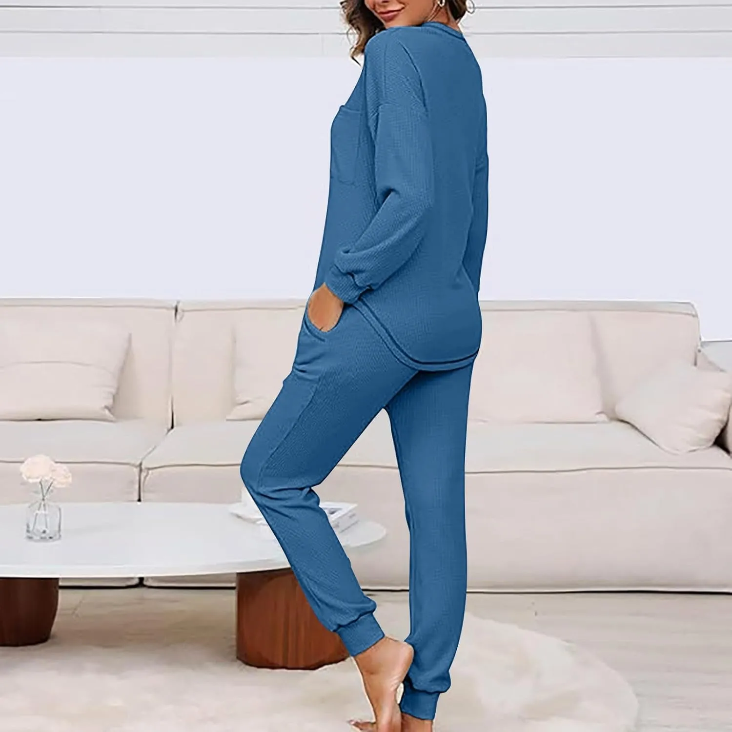 Women Waffle Knit Pajamas Set Loungewear Long Sleeve Sweatshirt Sleepwear Drawstring Nightwear Pants V-Neck Nightgown