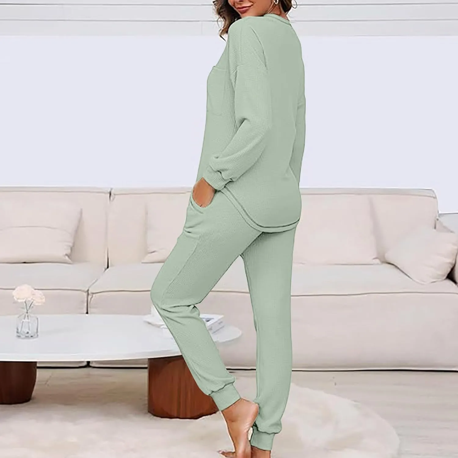 Women Waffle Knit Pajamas Set Loungewear Long Sleeve Sweatshirt Sleepwear Drawstring Nightwear Pants V-Neck Nightgown