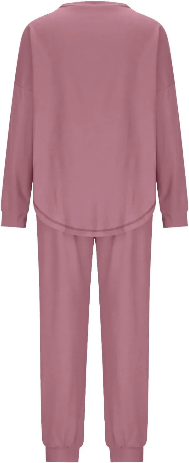 Women Waffle Knit Pajamas Set Loungewear Long Sleeve Sweatshirt Sleepwear Drawstring Nightwear Pants V-Neck Nightgown