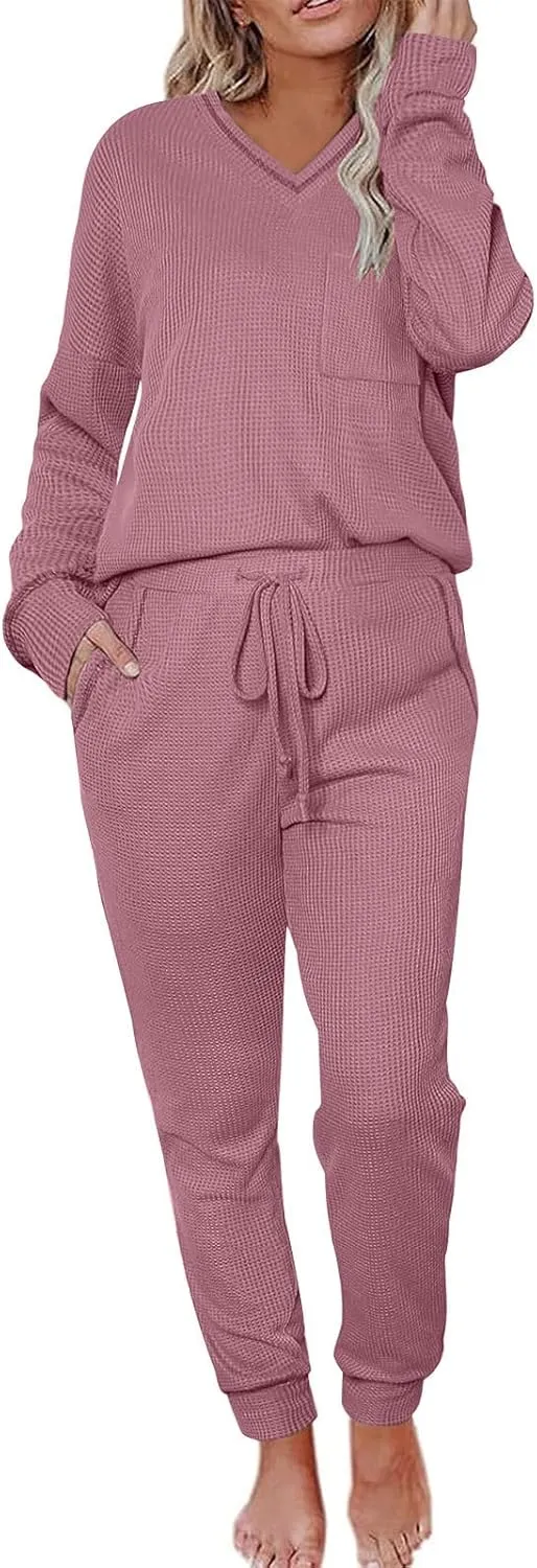 Women Waffle Knit Pajamas Set Loungewear Long Sleeve Sweatshirt Sleepwear Drawstring Nightwear Pants V-Neck Nightgown