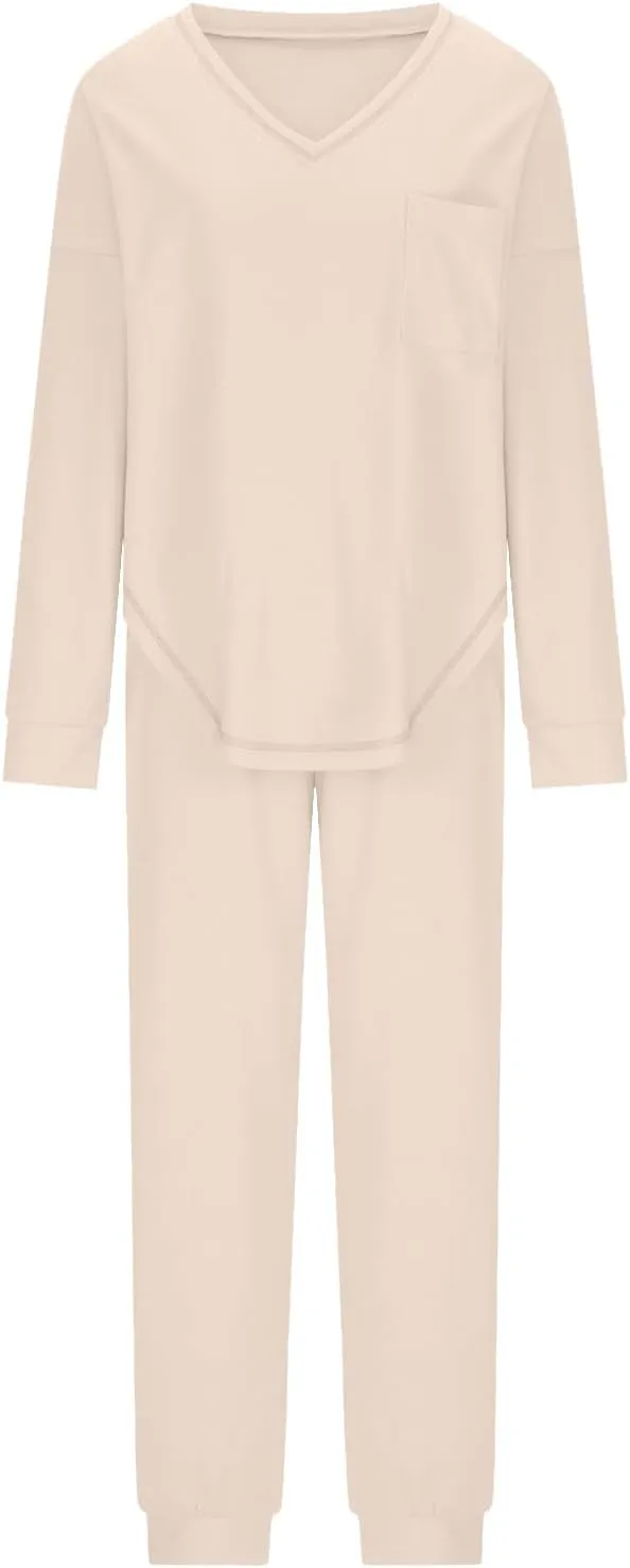 Women Waffle Knit Pajamas Set Loungewear Long Sleeve Sweatshirt Sleepwear Drawstring Nightwear Pants V-Neck Nightgown