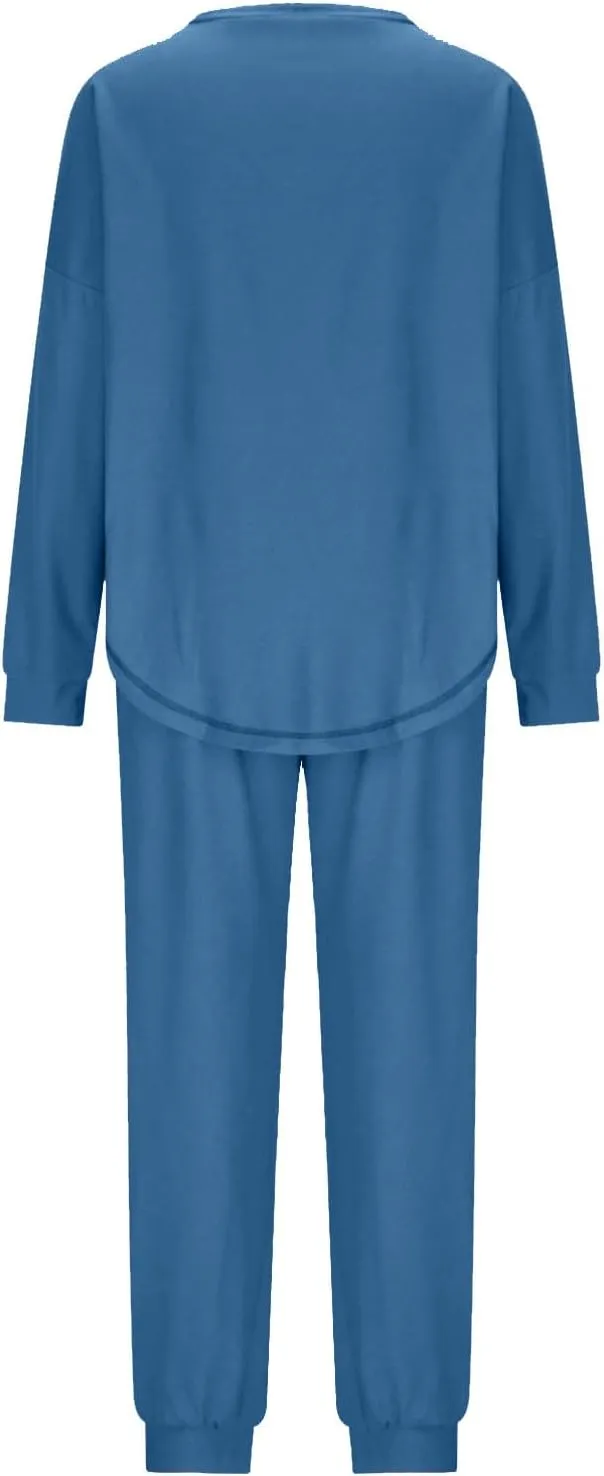 Women Waffle Knit Pajamas Set Loungewear Long Sleeve Sweatshirt Sleepwear Drawstring Nightwear Pants V-Neck Nightgown