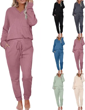 Women Waffle Knit Pajamas Set Loungewear Long Sleeve Sweatshirt Sleepwear Drawstring Nightwear Pants V-Neck Nightgown