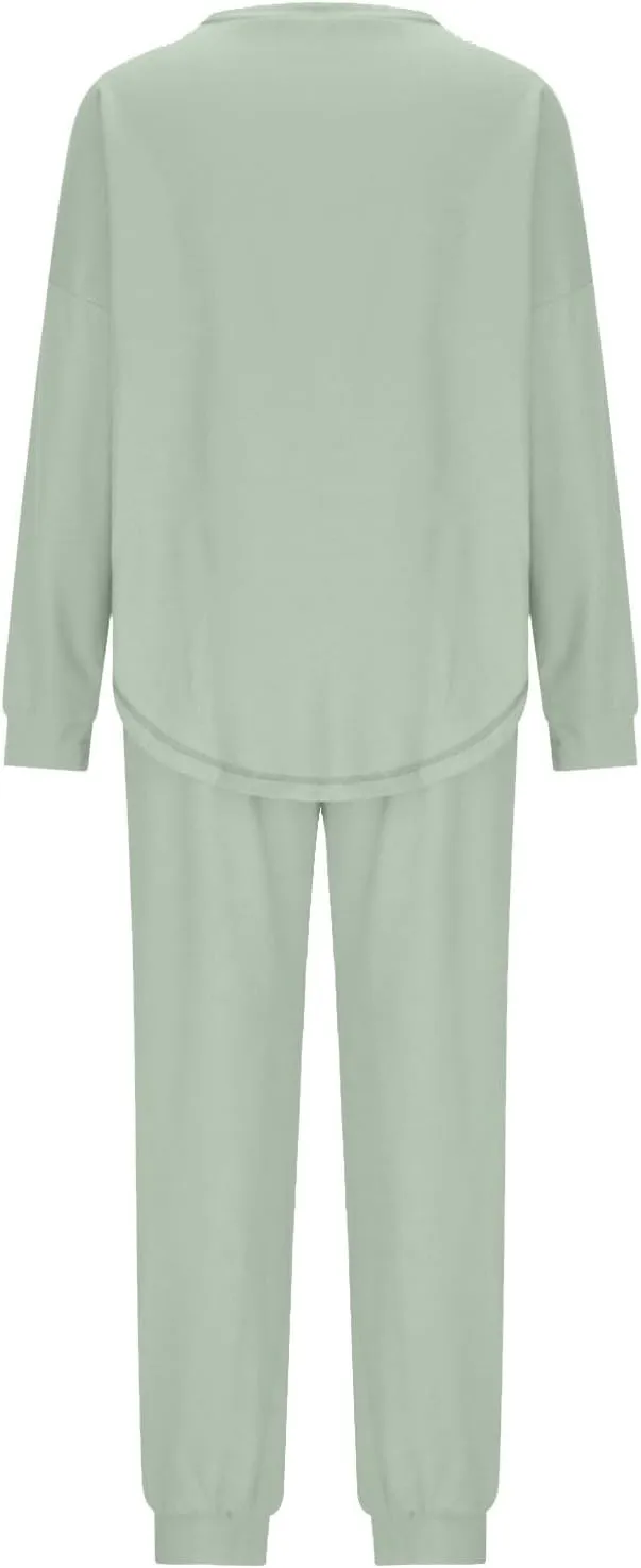 Women Waffle Knit Pajamas Set Loungewear Long Sleeve Sweatshirt Sleepwear Drawstring Nightwear Pants V-Neck Nightgown