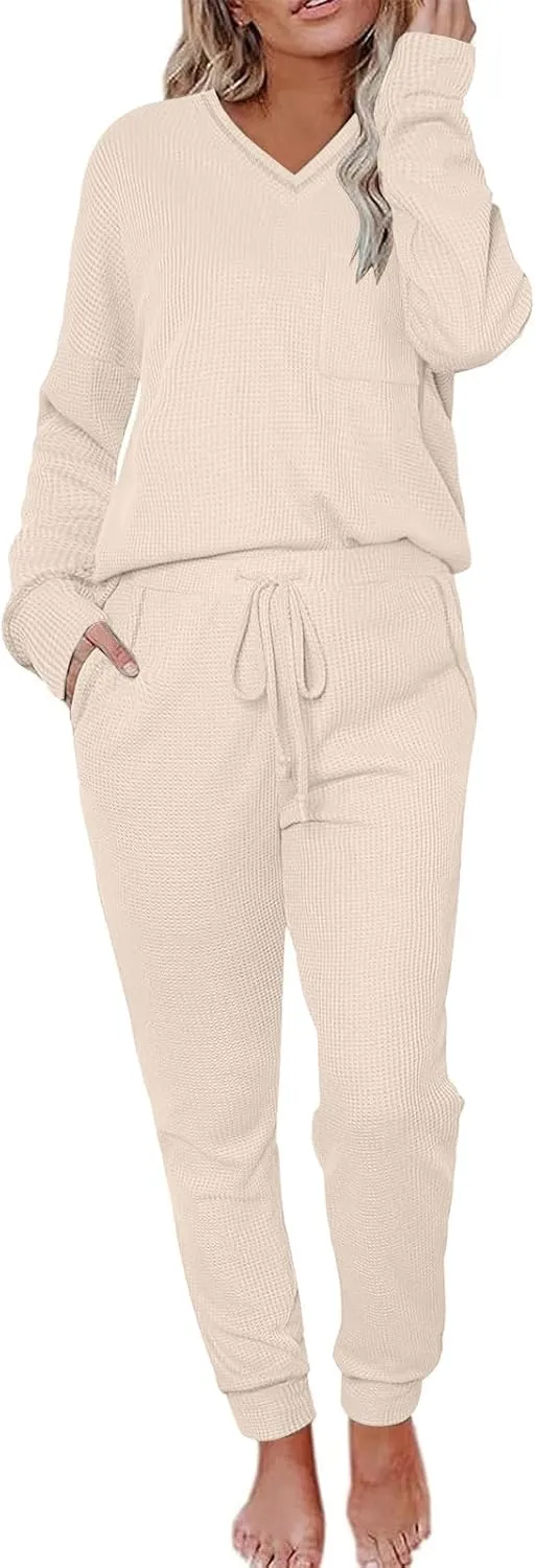 Women Waffle Knit Pajamas Set Loungewear Long Sleeve Sweatshirt Sleepwear Drawstring Nightwear Pants V-Neck Nightgown