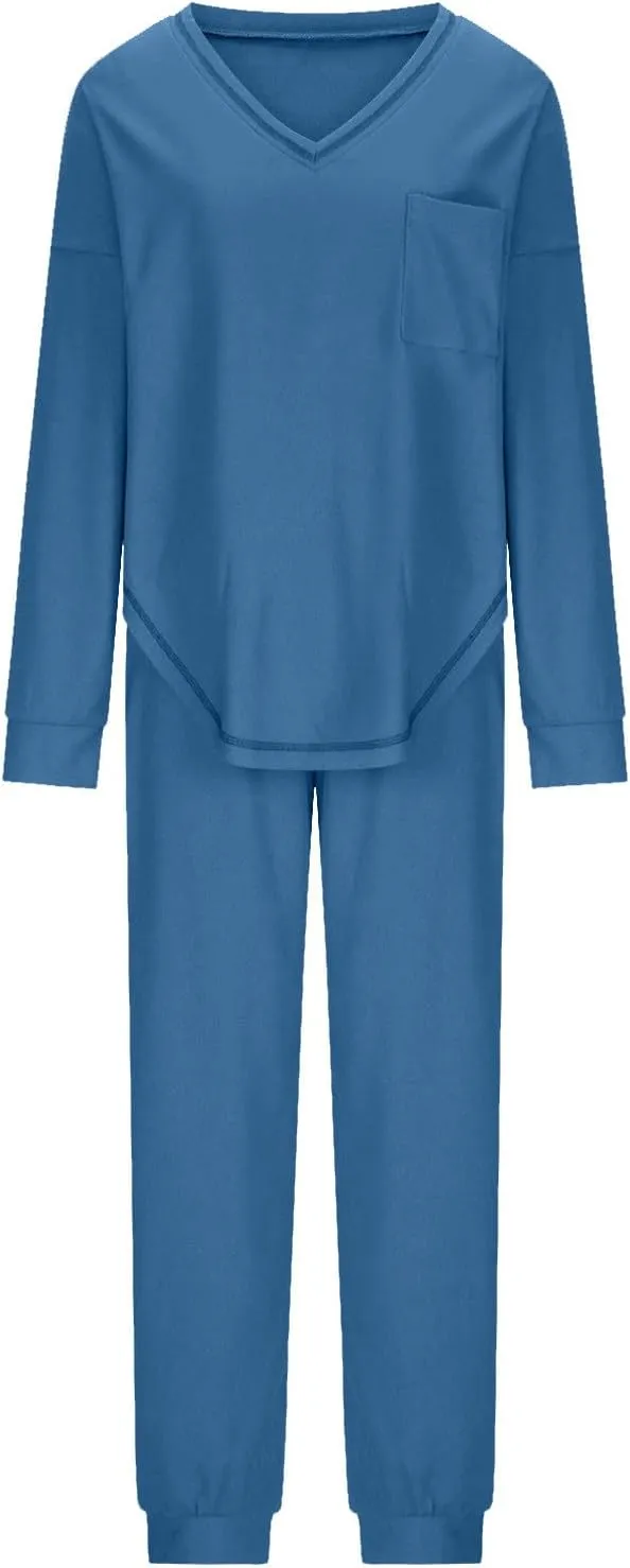 Women Waffle Knit Pajamas Set Loungewear Long Sleeve Sweatshirt Sleepwear Drawstring Nightwear Pants V-Neck Nightgown
