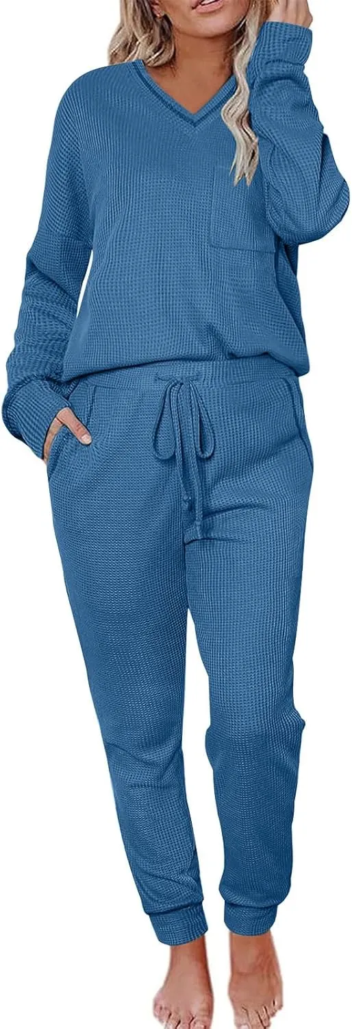 Women Waffle Knit Pajamas Set Loungewear Long Sleeve Sweatshirt Sleepwear Drawstring Nightwear Pants V-Neck Nightgown