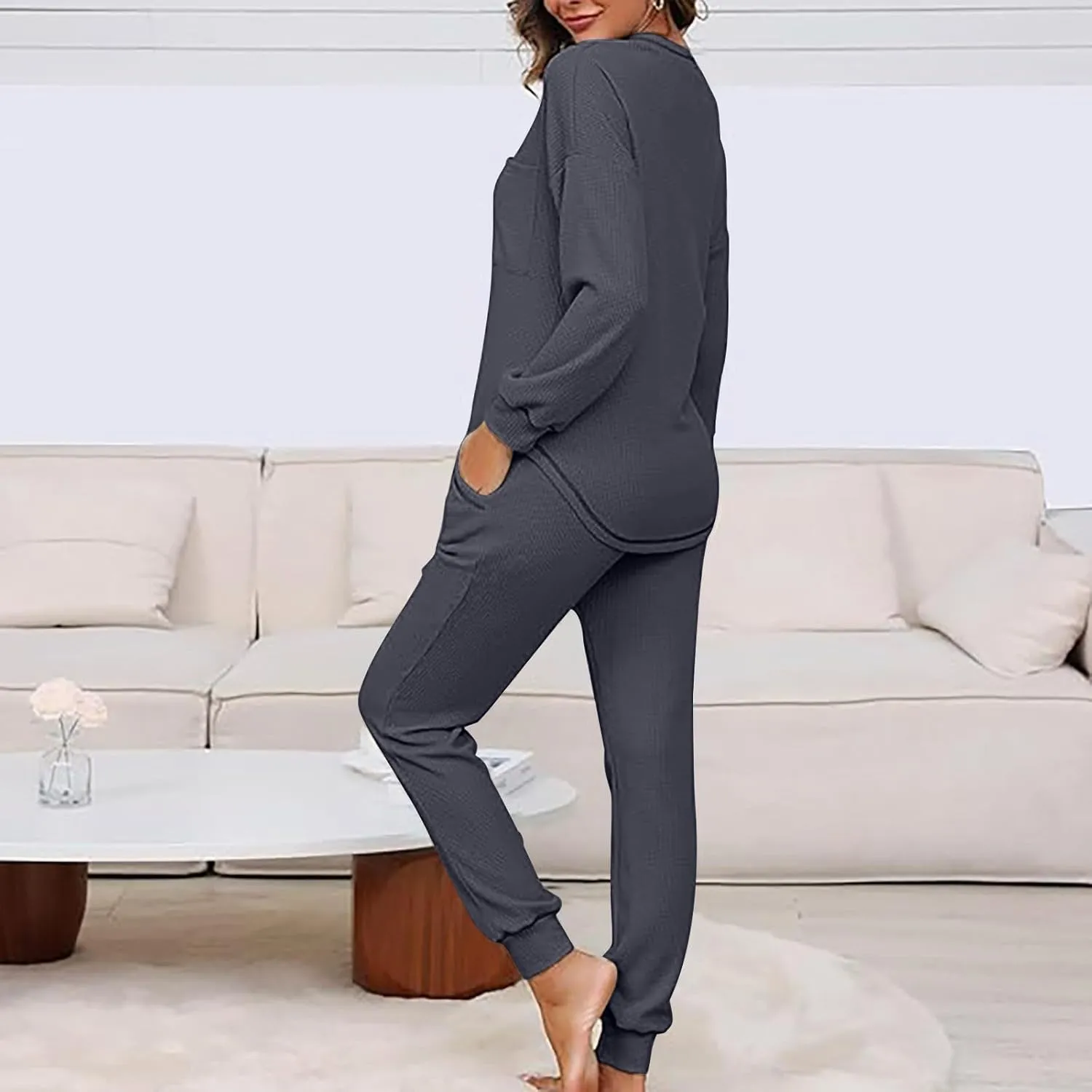 Women Waffle Knit Pajamas Set Loungewear Long Sleeve Sweatshirt Sleepwear Drawstring Nightwear Pants V-Neck Nightgown