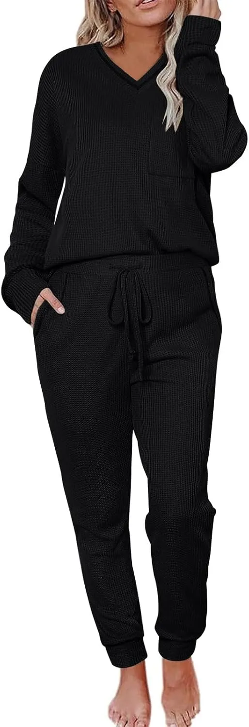 Women Waffle Knit Pajamas Set Loungewear Long Sleeve Sweatshirt Sleepwear Drawstring Nightwear Pants V-Neck Nightgown