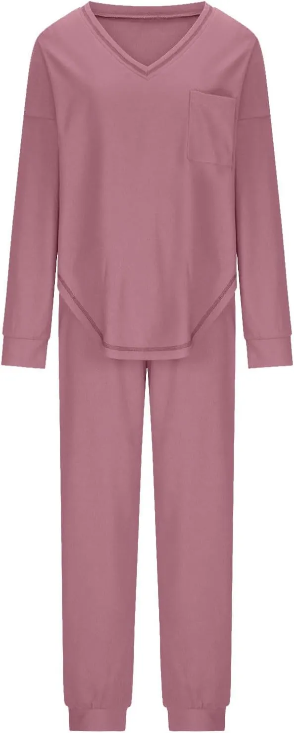 Women Waffle Knit Pajamas Set Loungewear Long Sleeve Sweatshirt Sleepwear Drawstring Nightwear Pants V-Neck Nightgown