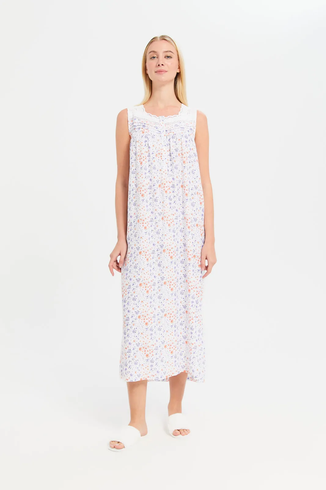 Women White Floral Print Nightgown