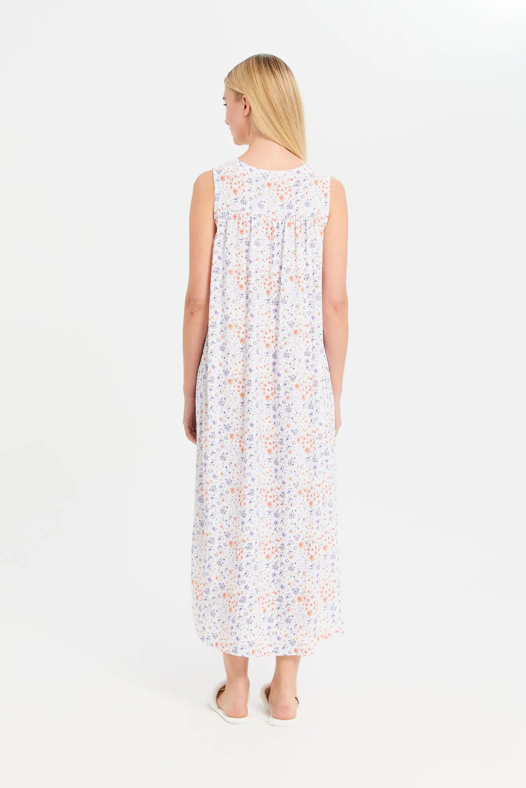 Women White Floral Print Nightgown