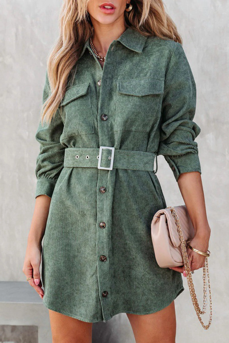 Chic Look Stylish Waistband Fit WOMEN BUTTON DOWN CORDUROY BELTED SHORT DRESS