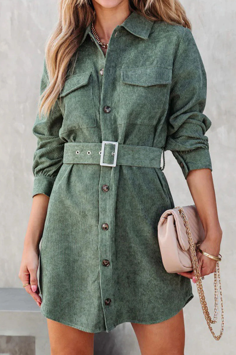 Bless Glow Soft Design WOMEN BUTTON DOWN CORDUROY BELTED SHORT DRESS