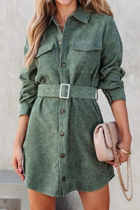 Bless Glow Soft Design WOMEN BUTTON DOWN CORDUROY BELTED SHORT DRESS