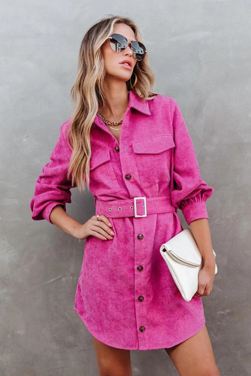 WOMEN BUTTON DOWN CORDUROY BELTED SHORT DRESS FoldablePackaging Sheer Overlay