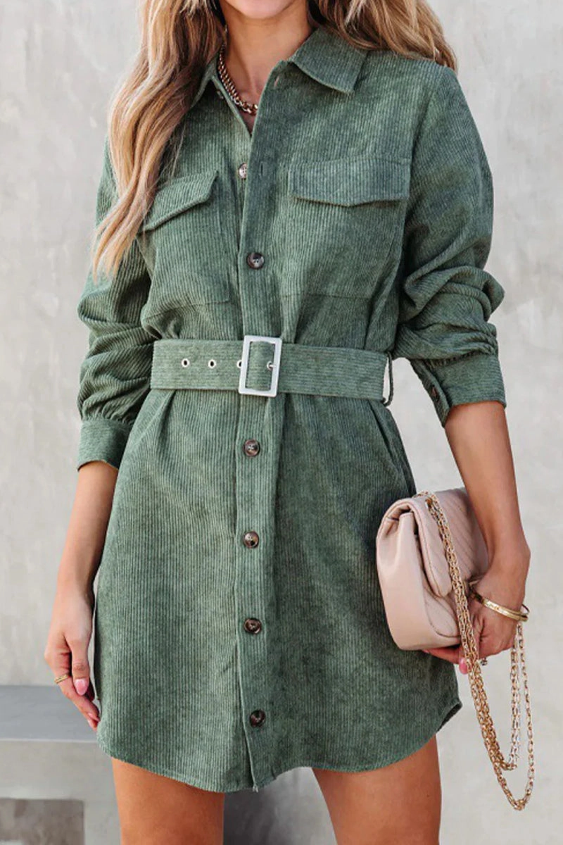 Fashion Forward Casual Lines WOMEN BUTTON DOWN CORDUROY BELTED SHORT DRESS