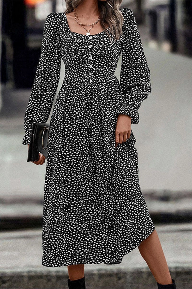 Flow Line understated look WOMEN DEEP SQUARE NECK LONG SLEEVE PATTERN DRESS